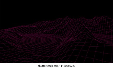 Landscape design of mountains. Wireframe landscape 3d. Vector illustration.