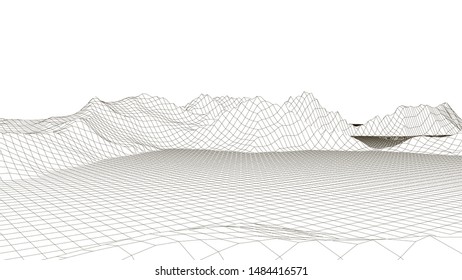 Landscape design of mountains. Wireframe landscape 3d. Vector illustration.