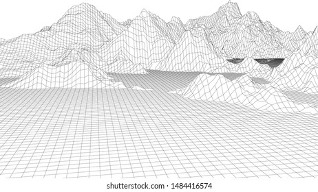 Landscape design of mountains. Wireframe landscape 3d. Vector illustration.