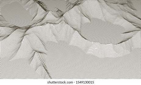 Landscape design of mountains. Wireframe landscape 3d. Vector illustration.