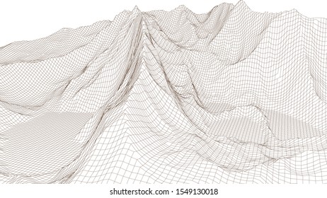 Landscape design of mountains. Wireframe landscape 3d. Vector illustration.