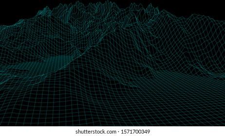Landscape design of mountains. Wireframe landscape 3d. Vector illustration.
