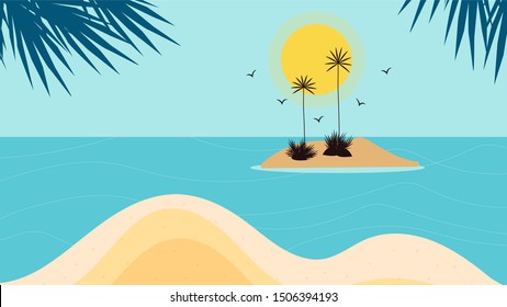 Landscape design With ocean , palm tree , palm  Leaves and blue sky