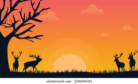 landscape design of old meadows and trees with sunset and some deer