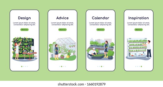 Landscape design onboarding mobile app screen flat vector template. Gardener advice and calendar. Walkthrough website steps with characters. UX, UI, GUI smartphone cartoon interface, case prints set