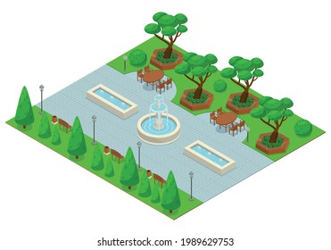 Landscape design park isometric colored composition with part of the park with fountains and green trees around vector illustration