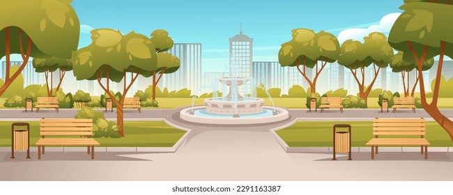 Diseño paisajístico maquetación de color isométrico con parte del parque con fuentes y árboles verdes alrededor de la ilustración vectorial