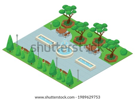 Landscape design park isometric colored composition with part of the park with fountains and green trees around vector illustration