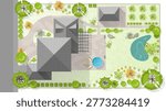 Landscape design plan with house, courtyard, lawn and garage top view. Highly detailed plan of country with modern cottage, garden, pond, pool. Vector illustration of Cityscape, Map of town, village