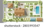Landscape design plan with house, courtyard, lawn and garage top view. Highly detailed plan of country with modern cottage, garden, pond, pool. Vector illustration of Cityscape, Map of town, village