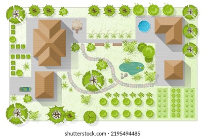 Landscape design plan with house, courtyard, lawn and garage top view. Highly detailed plan of country with modern cottage, garden, pond, pool. Vector illustration of Cityscape, Map of town, village