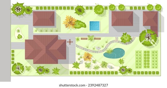 Landschaftsplanung mit Blick auf Haus, Hof, Rasen und Garage. Sehr detaillierter Landplan mit modernem Landhaus, Garten, Teich, Pool. Vektorgrafik von Cityscape, Stadtplan, Dorf