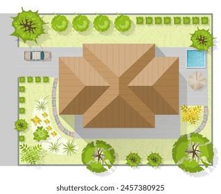 Landscape design plan with house, courtyard, lawn and garage top view. Highly detailed plan of country with modern cottage, garden, pond, pool. Vector illustration of Cityscape, Map of town, village