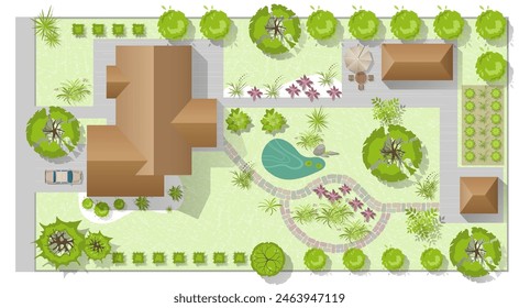 Landscape design plan with house, courtyard, lawn and garage top view. Highly detailed plan of country with modern cottage, garden, pond, pool. Vector illustration of Cityscape, Map of town, village