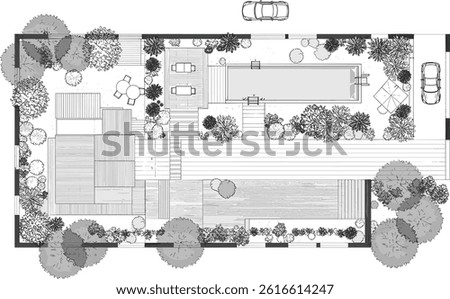 Landscape design plan with house, courtyard, lawn and garage top view.