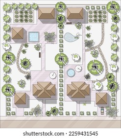 Diseño paisajístico con vistas a la casa, patio, césped y garaje. Un establecimiento muy detallado, con una moderna casa de campo dúplex, jardín, estanque, árboles, piscina. Vector Cityscape, Mapa de la ciudad, pueblo