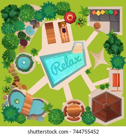 Landscape design of plot top view with swimming pool, gazebo, swing, garden furniture and decorations vector illustration