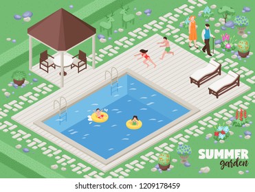 Landscape design poster with summer garden symbols isometric  vector illustration