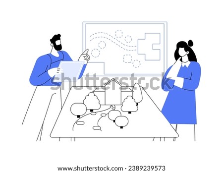 Landscape design project abstract concept vector illustration. Man showing landscape design project to his clients, commercial construction, meeting with professional architect abstract metaphor.