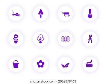 landscape design purple color vector icons on light round buttons with purple shadow. landscape design icon set for web, mobile apps, ui design and print
