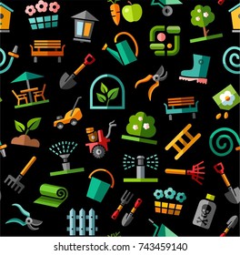 Landscape design, seamless background, black, color, vector. Background with equipment for gardening and horticulture. Colored, flat paintings on a black field. Arrangement of land. 
