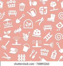Landscape design, seamless background, pink, vector. Background with equipment for gardening and horticulture. White, flat drawings on a pink field. Arrangement of land. 