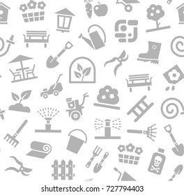 Landscape design, seamless background, white, vector. Background with equipment for gardening and horticulture. Grey, flat pictures on a white field. Arrangement of land. 
