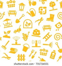 Landscape design, seamless background, white and yellow, vector. Background with equipment for gardening and horticulture. Yellow, flat pictures on a white field. Arrangement of land. 