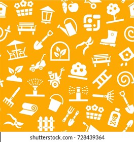 Landscape design, seamless background, yellow, vector. Background with equipment for gardening and horticulture. White, flat drawings on a yellow field. Arrangement of land. 