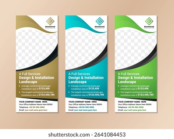 Landscape design service banners set. vertical banner template for landscaping and lawncare. Editable modern poster with place for the photo collage. Usable for social media cover, header, and banners