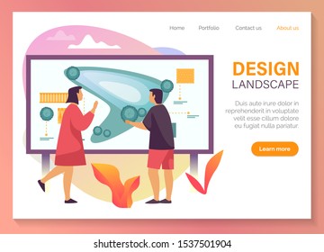 Landscape design service web banner, garden and parks landscaping company website landing page template. Urban horticulture, green softscape and home landscape design planning, vector flat graphic