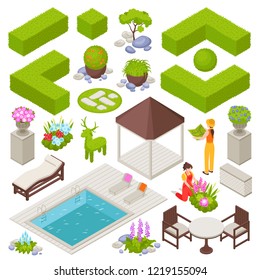 Landscape design set with flowers and plants isometric isolated vector illustration