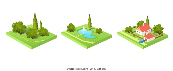 Diseño paisajístico. Conjunto de dibujos isométricos de bosque, lago y casa de campo sobre fondo blanco. Vector ilustración 3d