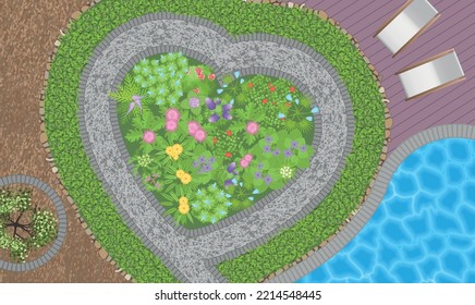 Landscape design in the shape of a heart. Landscaping in the garden with a path and a swimming pool. Top view. Modern contemporary luxurious garden design. View from above.