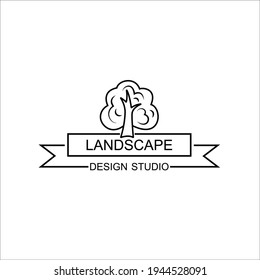 Landscape design studio logo template. Vector illustration isolated on white background. Simple icon of tree and ribbon with text. Flat style. Brand company. Symbol for web, print, card