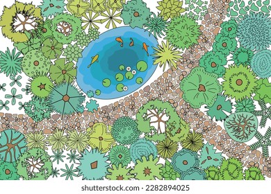 Landscape design. Top view. Pond, path, trees and flowers. View from above. Vector illustration.