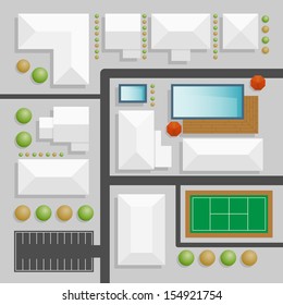 landscape design top view with swimming pool and tennis court