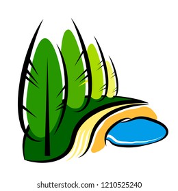 Landscape design with trees and pond
