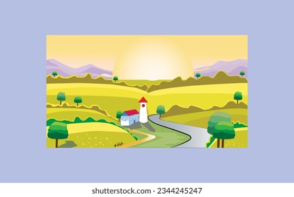 Landschaftsdesign, Vektorhintergrund, Vektorlandschaft, Hintergrund, Vintage-Design des Dorfes