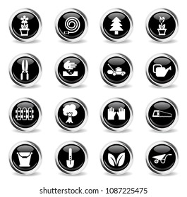 landscape design vector icons - black round chrome buttons