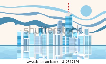Landscape design view of the city center with many high rise building and the reflection on the water suface
