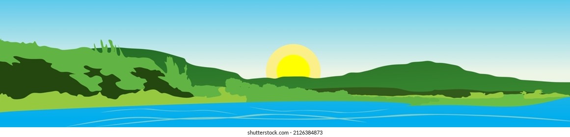 
Landscape design for websites and banners vector illustration. The concept of water and land resources. grass, mountains, trees and lake for printing in typography. Travel landscape design