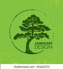 Landscape Design Workshop Identity Tree Sign Concept. Artisan Custom Stamp Vector Design Element On Rough Background.