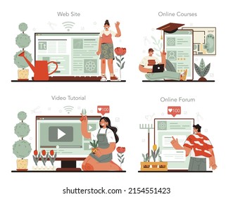 Landscape designer online service or platform set. Gardening and yard designing. Character trimming trees and planting flowers. Online course, forum, video tutorial, website. Flat vector illustration
