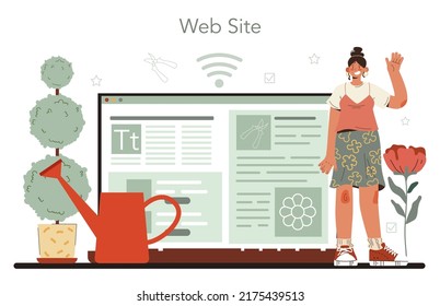 Landscape designer online service or platform. Gardening and yard designing. Character trimming trees and planting flowers. Website. Flat vector illustration