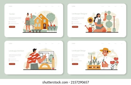 Pancarta web o página de inicio de diseñador de paisajes. Idea de jardinería y diseño de patio. Caracteres que recortan árboles y plantan flores con herramientas especiales. Ilustración plana aislada