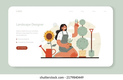 Pancarta web o página de inicio del diseñador de paisajes. Idea de jardinería y diseño de patio. Caracteres que recortan árboles y plantan flores con herramientas especiales. Ilustración plana aislada