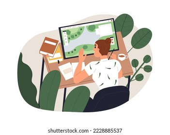 Trabajo de diseño paisajístico. Mujer creando un plan de jardín, ecologización para el medio ambiente, diseño natural con plantas, trabajar con tablet PC digital. Ilustración vectorial gráfica plana aislada en fondo blanco