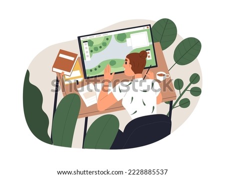 Landscape designer work. Woman creating garden plan, greening for environment, nature design with plants, working with digital tablet PC. Flat graphic vector illustration isolated on white background