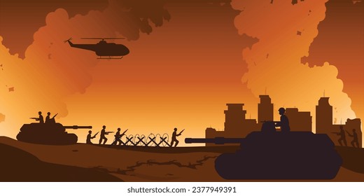 Paisaje con la ciudad destruida y alambre de púas, soldado, helicópteros, tanques, en el fondo de la ciudad destruida. Símbolo de guerra, concepto de ilustración vectorial.